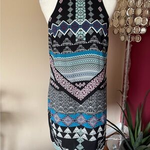NWOT Black and Blue, half zip back Geometric Pattern Dress